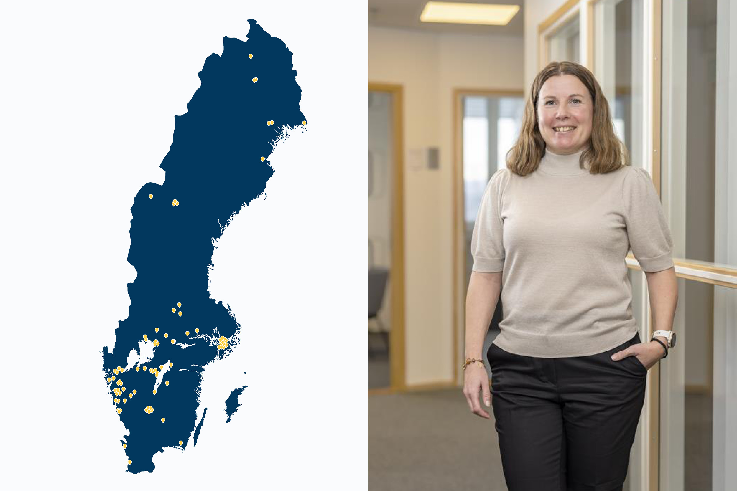 Platserna i Sverige där koncernens dotterbolag befinner sig. Katja Wangeskog, KMA- och hållbarhetsansvarig på Hjo Installation.